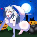  anthro boots canid canine canis clothing footwear genitals girly hair halloween hi_res holidays kemono long_hair male mammal night nude penis rutting smile solo text white_body whiteyonggari_(artist) wolf yellow_eyes 