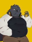  2021 absurd_res anthro belly black_body black_fur black_nose bottomwear canid canine canis clothing domestic_dog fur headphones headphones_around_neck hi_res humanoid_hands kemono male mammal overweight overweight_male pants quanjiang shirt simple_background solo topwear yellow_background 