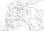  2019 angry anthro aotoaka belly blush bottomwear canid canine clothing disney eyes_closed feet foot_fetish foot_lick foot_play fox gideon_grey group humanoid_hands inside lagomorph leporid licking male male/male mammal monochrome overweight overweight_male rabbit shorts sitting tongue tongue_out zootopia 