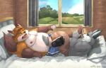  2019 anthro aotoaka bed bedroom belly blush bottomwear brown_body canid canine clothing detailed_background disney duo feet foot_fetish foot_lick foot_play fox furniture gideon_grey grey_body humanoid_hands inside lagomorph leporid licking lying male male/male mammal moobs nipples overweight overweight_male pillow rabbit shorts tongue tongue_out white_body zootopia 