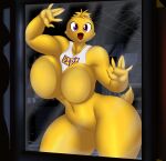  2019 absurd_res against_surface anthro avian beakless bib big_breasts bird breasts breasts_against_glass checkered_wall chica_(fnaf) chicken female five_nights_at_freddy&#039;s galliform gallus_(genus) hand_on_glass hand_on_wall hi_res lyn_nyl navel on_glass phasianid purple_eyes solo thick_thighs video_games yellow_body 