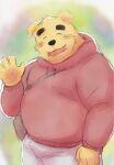  2021 anthro belly black_nose blush bottomwear brown_body canid canine canis clothing domestic_dog eyes_closed hi_res hoodie humanoid_hands kemono kick_(artist) male mammal overweight overweight_male pants solo topwear 
