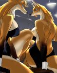  anthro big_breasts blue_eyes breasts canid canine clothed clothing duo female fox fur hair kemono kikurage looking_at_viewer looking_back mammal multicolored_body rear_view simple_background sitting two_tone_body uniform valencia_(kikurage) victoria_(kikurage) 