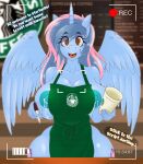 absurd_res alicorn_oc amber_eyes apron apron_only big_breasts blue_body blue_fur blue_hair bodily_fluids breasts camera_view clothing cutie_mark dialogue english_text equid equine fan_character female fur genital_fluids green_apron hair hasbro hi_res horn i_mean_breast_milk lactating mammal marker meme milk mostly_nude multicolored_hair my_little_pony pink_hair princess_sorraia_(oc) solo starbucks tatemil text two_tone_hair wide_hips winged_unicorn wings 