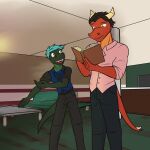  1:1 anthro book bottomwear bow_tie clothed clothing dragon duo fully_clothed fuze hi_res holding_book holding_object male pants reading reading_book reptile scalie shirt snake topwear vest western_dragon 