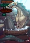  2021 absurd_res anthro bathing blush claws detailed_background dialogue english_text frill_(anatomy) hi_res horn inside lluisabadias male membrane_(anatomy) membranous_frill navel nude offscreen_character open_mouth partially_submerged scales scalie sitting solo speech_bubble teeth text 
