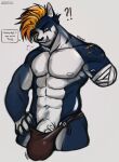  abs anthro bulge clothing english_text felid feline genitals hi_res male mammal midnight_blue muscular muscular_anthro muscular_male nipples pantherine penis scar sketch solo text thong_straps tiger underwear 