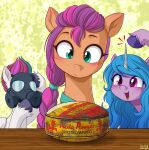  blue_eyes blue_hair blush braided_hair braided_ponytail can container equid equine gas_mask hair hasbro hooves horn imminent_regret izzy_moonbow_(mlp) mammal mask mlp_g5 my_little_pony pegasus purple_eyes purple_hair sunny_starscout_(mlp) unicorn uotapo wings zipp_storm_(mlp) 