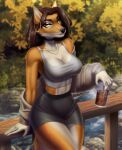  2021 5_fingers amur anthro athletic athletic_anthro athletic_female biped blurred_background breasts brown_hair canid canine clothed clothing collar container countershade_face countershade_legs countershade_neck countershade_torso countershading cup day detailed_background digital_media_(artwork) ear_piercing ear_ring eyebrows eyelashes female fingers fox fur glass glass_container glass_cup glistening glistening_body glistening_breasts glistening_clothing glistening_eyes glistening_hair grass hair hi_res holding_cup holding_object ice jewelry looking_at_viewer lucy_miller mammal multicolored_body necklace on_rail orange_body orange_fur outside piercing plant portrait railing river shaded sitting smile soft_abs soft_shading solo story story_in_description three-quarter_portrait two_tone_body water white_body white_countershading white_fur 
