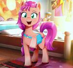  2021 absurd_res badge bag bed bedroom equid equine female furniture green_eyes hair hasbro hi_res hooves horse mammal messenger_bag mlp_g5 my_little_pony open_mouth open_smile pony purple_hair smile solo sunny_starscout_(mlp) the-butcher-x 