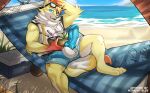  alcohol anthro beach beverage canid canine canis clothing cocktail demon drinking erection genitals hi_res hybrid knot male mammal midnight_blue muscular muscular_anthro muscular_male penis seaside solo summer swimwear wolf 