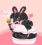  &lt;3 2021 anthro apron bent_over beverage big_breasts big_butt black_body black_goo black_hair breasts burger butt cleavage clitoris clothed clothing dialogue digital_media_(artwork) english_text eyelashes female food genitals goo_creature goo_dripping goo_hair grin hair head_tuft hi_res lagomorph legwear leporid lidded_eyes long_eyelashes long_hair looking_at_viewer looking_back looking_back_at_viewer mammal no_underwear one_eye_closed partially_clothed pink_eyes pink_sclera presenting pseudo_hair pussy rabbit rear_view sati_(solarissativa) shaded sharp_teeth smile solarissativa solo speech_bubble standing stockings teeth text thick_thighs toony tuft uniform waiter wink 