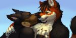  2:1 anthro brown_body brown_fur canid canine canis claws duo embrace eyes_closed fur hug male male/male mammal orange_body orange_fur simple_background white_body white_fur wolf xuan_sirius 