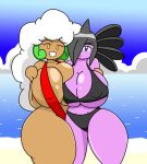  2016 areola areola_slip beach bedroom_eyes big_breasts bikini black_hair blue_eyes breast_squish breasts breasts_frottage brown_body brown_skin cleavage clothed clothing curvy_figure detailed_background digital_media_(artwork) dot_eyes duo eyelashes female goth gothic_lolita gothitelle hair hi_res hourglass_figure huge_breasts humanoid igphhangout lolita_(fashion) long_hair looking_at_viewer madison_(igph) narrowed_eyes nekeisha_(igph) nintendo nipple_outline nipple_slip not_furry one_eye_obstructed outside pink_body pink_skin pok&eacute;mon pok&eacute;mon_(species) purple_body sea seaside seductive sling_bikini smile squish standing swimwear teeth thick_thighs video_games voluptuous water whimsicott white_hair wide_hips yellow_eyes 