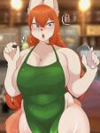  absurd_res anthro apron apron_only big_breasts blush breasts canid canine cleavage clothed clothing container cup dispia female green_apron hair hi_res holding_cup holding_object i_mean_breast_milk kemono long_hair mammal meme mostly_nude slightly_chubby solo 