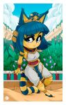  animal_crossing ankha_(animal_crossing) anthro blue_eyebrows blue_eyes blue_hair border clothed clothing cloud day domestic_cat doppledadko eyebrows felid feline felis female fingers hair hi_res mammal nintendo outside solo uraeus video_games white_border yellow_body 