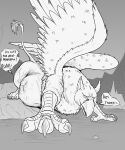  2021 4_toes abdominal_bulge after_vore ambiguous_gender ambiguous_pred anisodactyl ass_up avian beak belly big_belly big_butt bird_feet black_and_white butt claws dialogue digital_media_(artwork) duo english_text feathered_wings feathers feet feral feral_pred greyscale gryphon hi_res imminent_vore looking_at_viewer monochrome mythological_avian mythology open_beak open_mouth quadruped scutes sketch soft_vore talking_to_viewer talons teasing text thatgryphonguy thick_thighs toe_claws toes unwilling_vore vore wings 
