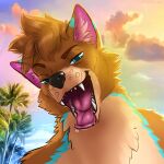  1:1 anthro background_sky bedroom_eyes blue_eyes brown_body brown_fur canid canine canis cloud fur hi_res male mammal narrowed_eyes open_mouth palm_tree pink_ears plant seductive solo teeth tongue tree wingrazor wolf 