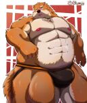  2021 absurd_res anthro belly blush brown_body bulge canid canine canis clothing domestic_dog hi_res humanoid_hands jockstrap kemono kumajjjj male mammal moobs nipples obese obese_male overweight overweight_male solo underwear 