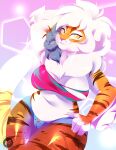  4_fingers anthro belly bottomwear breasts buxbi_(character) clothing felid female fingers hair hotpants looking_at_viewer mammal multicolored_body navel obakawaii orange_eyes pantherine pink_nose shorts simple_background solo stripes tiger tight_clothing torn_clothing two_tone_body white_hair 