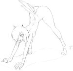  2017 3_toes 5_fingers anthro ass_up avian bandage beak big_butt bird breasts bubble_butt butt downward_dog feathers feet female fingers girokett greyscale hair hi_res looking_at_viewer monochrome nude owl piru_(girokett) side_boob side_view signature simple_background sketch smile solo tail_feathers toes white_background 