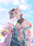  2021 anthro belly clothed clothing cloud domestic_cat felid feline felis hi_res kemono male mammal moobs navel open_clothing open_shirt open_topwear outside overalls overweight overweight_male pink_nose shirt solo topwear yimingsama 