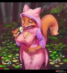  2021 5_fingers anthro artist_name big_breasts biped black_bars blurred_background breasts canid canine cleavage clothed clothing countershade_face countershading detailed_background digital_media_(artwork) digital_painting_(artwork) dipstick_tail disney female fingers flower fox fully_clothed fur high-angle_view holding_flower holding_object letterbox maid_marian mammal markings nipple_outline orange_body orange_fur pink_clothing plant portrait reptilian_orbit robin_hood_(disney) shaded sniffing solo standing tail_markings three-quarter_portrait 