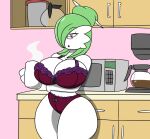  2017 appliance arm_under_breasts beverage big_breasts bra breasts cleavage clothed clothing coffee curvy_figure detailed_background diana_(igph) digital_media_(artwork) eyelashes eyewear female gardevoir glasses green_hair hair hourglass_figure huge_breasts humanoid igphhangout kitchen kitchen_appliance microwave_oven nintendo not_furry one_eye_obstructed panties pink_eyes pok&eacute;mon pok&eacute;mon_(species) solo standing thick_thighs underwear underwear_only video_games voluptuous white_body white_skin wide_hips 