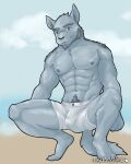  4:5 anthro barazoku boxer_briefs bulge canid canine canis clothed clothing crouching domestic_dog fauna_island hi_res male mammal pubes sex solo underwear underwear_only wolf 