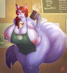  absurd_res anthro apron apron_only areola belly big_belly big_breasts blep blush bodily_fluids breasts butt canid canine chubby_anthro chubby_female clothing female fluffy fluffy_tail fox fur greedyorb green_apron hair hee-na hi_res huge_breasts huge_thighs hyper hyper_breasts i_mean_breast_milk lactating looking_at_viewer mammal meme milk mostly_nude nipples overweight overweight_anthro overweight_female smile solo thick_thighs tongue tongue_out wide_hips 