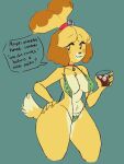  3:4 absurd_res animal_crossing anthro areola bikini blonde_hair breasts canid canine canis clothed clothing dialogue domestic_dog female fur green_background hair hand_on_hip hi_res isabelle_(animal_crossing) lewdersheep mammal nintendo shih_tzu simple_background sling_bikini solo swimwear thick_thighs toy_dog video_games yellow_body yellow_fur 