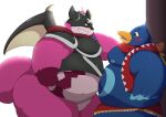  2021 anthro avian belly blue_body blush duo hi_res kemono kusosensei male mast moobs nipples obese obese_male overweight overweight_male pink_body wings 