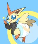 ambiguous_gender blush clothing cuddlehooves diaper feral flying gesture hoodie legendary_pok&eacute;mon looking_at_viewer nintendo pok&eacute;mon pok&eacute;mon_(species) rear_view solo teeth tongue tongue_out topwear v_sign victini video_games white_diaper 