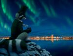  2021 anthro aurora_borealis barefoot biped black_nose black_tie_(suit) bottomless city cityscape claws clothed clothing cloud container crouching cup cute_fangs detailed_background digital_media_(artwork) facial_markings feet fluffy fluffy_tail full-length_portrait fur glistening grey_body grey_fur hat head_markings headgear headwear holding_cup holding_object kippycube lake lights male mammal markings mask_(marking) mountain night outside plantigrade portrait prick_ears procyonid raccoon reflection ring_(marking) ringtail side_view signature sitting sky smile snow solo star starry_sky striped_markings striped_tail stripes suit tail_markings tilton toe_claws top_hat water water_reflection winter 