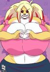  2016 anthro big_breasts breasts clothed clothing dated dedoarts felid female gesture hand_heart hi_res huge_breasts lion looking_at_viewer mammal navel open_mouth pantherine solo 