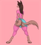  absurd_res anthro border bottomwear butt claws clothed clothing gregorean hair hi_res male pawpads pink_border raised_bottomwear raised_clothing raised_skirt shirt skirt solo spreading t-shirt topwear view 