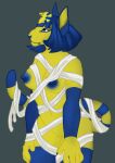  animal_crossing ankha_(animal_crossing) bandage blue_hair blue_nipples breasts clothed clothing deermary domestic_cat egyptian egyptian_headdress exposed_breasts felid feline felis female genitals hair headdress hi_res mammal markings mummy_costume mummy_wrappings nintendo nipples partially_clothed solo striped_markings striped_tail stripes tail_markings video_games yellow_body 
