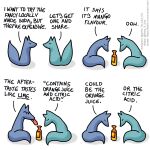  1:1 beverage blue_body blue_fox_(foxes_in_love) blue_fur blue_tail canid canine comic dialogue duo english_text feral fox foxes_in_love fur green_body green_fox_(foxes_in_love) green_fur green_tail hi_res male_(lore) mammal meme shadow simple_background text tongue tongue_out url 
