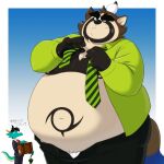 1:1 2021 anthro belly black_body bodily_fluids bottomwear brown_body brown_fur canid canine clothed clothing duo fur hi_res humanoid_hands lifewonders live-a-hero male mammal navel necktie obese obese_male open_clothing open_shirt open_topwear overweight overweight_male pants pokelai raccoon_dog shirt shoen sweat tanuki topwear video_games 