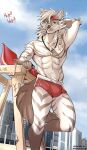  abs absurd_res anthro beach bulge canid canine canis city clothing hi_res lifeguard male mammal midnight_blue muscular muscular_male seaside solo swimming_trunks swimwear underwear wolf 