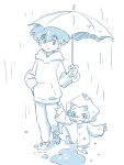  3:4 anthro bandai_namco blue_and_white chibi clothing coat cozy_ashfilm digimon digimon_(species) digimon_ghost_game duo gammamon hiro_amanokawa hoodie horn human male mammal monochrome raincoat raining sketch topwear umbrella 