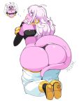  3:4 alien android_21 big_butt butt clothing dragon_ball dragon_ball_fighterz female hi_res huge_butt lewdlemage majin majin_android_21 pink_body simple_background thong underwear white_background 