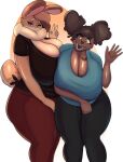  2021 anthro big_breasts blazethefox blue_eyes bottomwear breast_squish breasts brown_body brown_fur canid canine canis cleavage clothed clothing collaboration dal_(blazethefox) dewlap_(anatomy) dipstick_ears domestic_dog duo fangs female fur gesture hazel_(shakotanbunny) heart_marking hi_res huge_breasts lagomorph leporid looking_at_viewer mammal mature_female multicolored_ears open_mouth open_smile pants rabbit shakotanbunny shirt smile spots spotted_body spotted_fur squish standing sweatpants t-shirt tan_body tan_fur thick_thighs topwear v_sign wave wide_hips yellow_eyes 