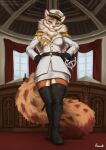  2021 absolute_territory ailurid anthro blue_eyes breasts brown_body brown_fur cleavage clothed clothing desk digital_media_(artwork) female foxovh fur furniture hat headgear headwear hi_res inside leggings legwear looking_down_at_viewer low-angle_view mammal melee_weapon military_cap military_uniform multicolored_body multicolored_fur neck_tuft rapier red_body red_fur red_panda solo sword tan_body tan_fur tuft uniform weapon 