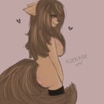  &lt;3 1:1 anthro bedroom_eyes big_breasts big_butt big_tail blush breasts brown_hair butt canid canine canis clothing ears_back female hair hands_on_hips hi_res highlights_(coloring) komiko komikoe lashes legwear mammal messy_hair narrowed_eyes nipples pivoted_ears rear_view seductive simple_background smile snout solo thigh_highs wolf 