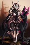  2018 absurd_res alien ambiguous_gender armor biped black_body black_skin breasts claws clothed clothing curvy_figure digital_media_(artwork) digital_painting_(artwork) digitigrade djpuppeh duo felid feline female feral full-length_portrait hi_res horn hourglass_figure humanoid kavat khora_(warframe) long_ears long_tail looking_at_viewer machine mammal outside plantigrade portrait quadruped robot robot_humanoid simple_background sky standing tail_spines thick_thighs video_games warframe wide_hips 