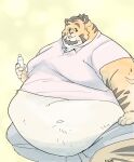  anthro belly big_belly blep bottle clothed clothing dewlap_(anatomy) double_chin felid fur hand_on_knee hand_on_leg holding_bottle holding_object male mammal moobs morbidly_obese morbidly_obese_anthro morbidly_obese_male obese obese_anthro obese_male orange_body orange_fur overweight overweight_anthro overweight_male pantherine s-man sitting smile solo striped_body striped_fur stripes thick_thighs tiger tongue tongue_out 