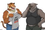  3:2 anthro boomer_(nanoff) bottomwear canid canine canis chain_necklace clothing denim denim_clothing duo facepalm felid hi_res jeans male male/male mammal mature_anthro mature_male miles_(nanoff) musclegut muscular muscular_male nanoff navel pantherine pants piercing print_shirt shirt smile tank_top tiger topwear wolf 