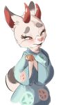  2021 animal_crossing anthro asian_clothing blush cervid cheek_tuft clothed clothing east_asian_clothing facial_tuft fully_clothed fur hi_res horn japanese_clothing kimono mammal nintendo open_mouth open_smile pink_nose red_horn shino_(animal_crossing) simple_background smile solo tohupo tuft video_games white_background white_body white_fur 