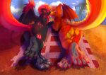  anthro butt dirty_feet dragon duo female foot_fetish hair hi_res kissing looking_at_viewer lying macro male male/female on_front paws red_hair scalie skyress_(skrekdathird) smolspearrow sorin_(michaelri) thick_thighs 